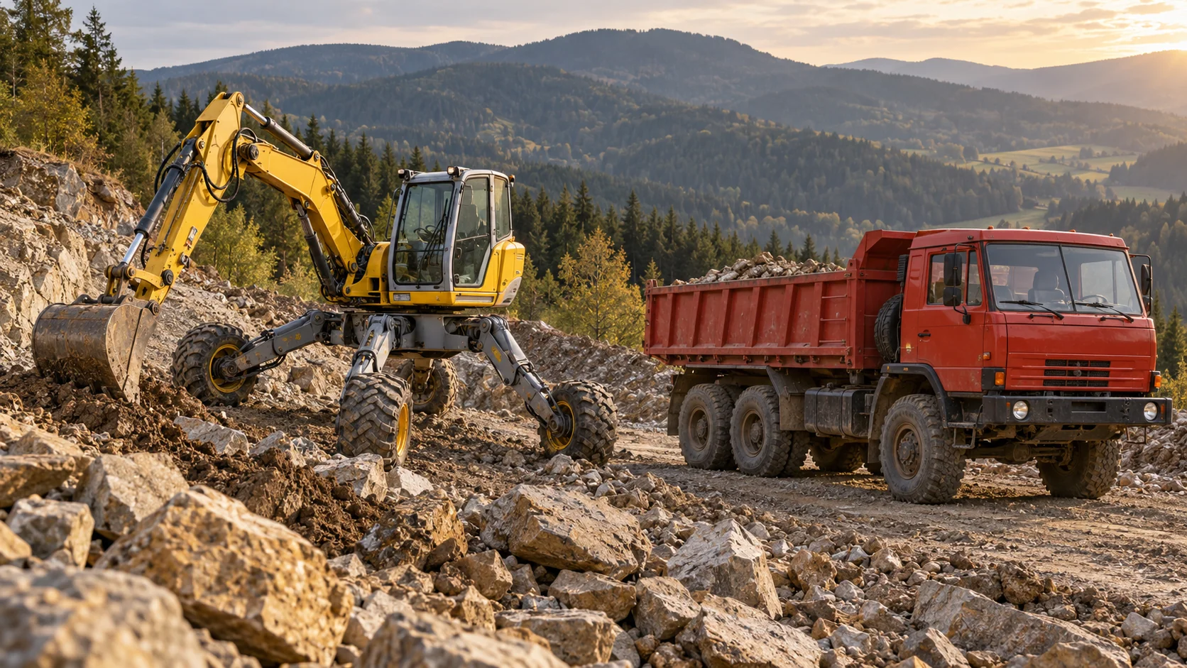 Vizualizace kráčivého rypadla a vozu Tatra 815 na zemním pracovišti